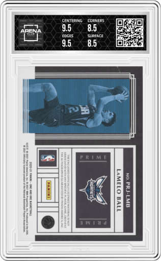 LaMelo Ball from the 2020-21 Panini One and One set featuring a Purple parallel graded by Arena Club and given an overall grade of 9.