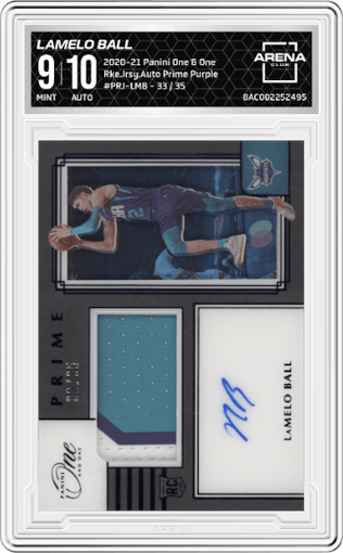 LaMelo Ball from the 2020-21 Panini One and One set featuring a Purple parallel graded by Arena Club and given an overall grade of 9.