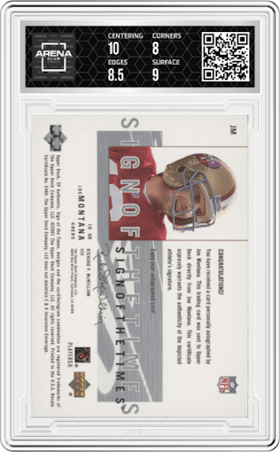 Joe Montana from the 2001 SP Authentic set graded by Arena Club and given an overall grade of 8.5.