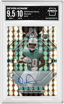 De'Von Achane from the 2023 Panini Mosaic set graded by Arena Club and given an overall grade of 9.5.