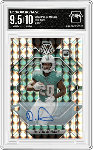 De'Von Achane from the 2023 Panini Mosaic set graded by Arena Club and given an overall grade of 9.5.