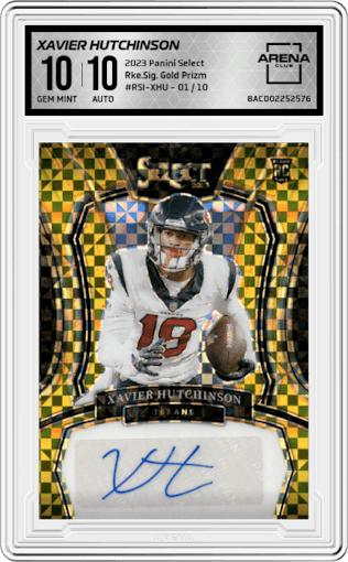Xavier Hutchinson from the 2023 Panini Select set featuring a Gold Prizm parallel graded by Arena Club and given an overall grade of 10.