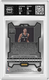Victor Wembanyama from the 2023-24 Panini Prizm set graded by Arena Club and given an overall grade of 8.