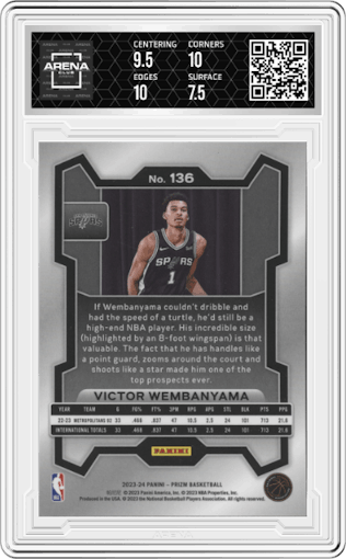 Victor Wembanyama from the 2023-24 Panini Prizm set graded by Arena Club and given an overall grade of 8.
