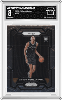 Victor Wembanyama from the 2023-24 Panini Prizm set graded by Arena Club and given an overall grade of 8.