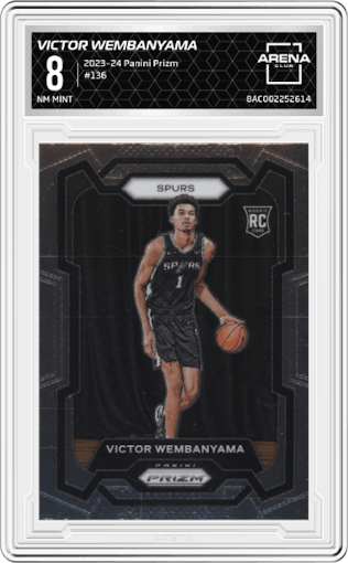 Victor Wembanyama from the 2023-24 Panini Prizm set graded by Arena Club and given an overall grade of 8.