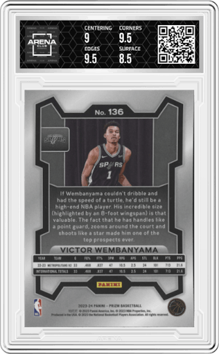 Victor Wembanyama from the 2023-24 Panini Prizm set graded by Arena Club and given an overall grade of 9.