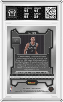 Victor Wembanyama from the 2023-24 Panini Prizm set graded by Arena Club and given an overall grade of 9.