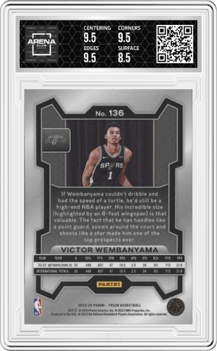 Victor Wembanyama from the 2023-24 Panini Prizm set graded by Arena Club and given an overall grade of 9.