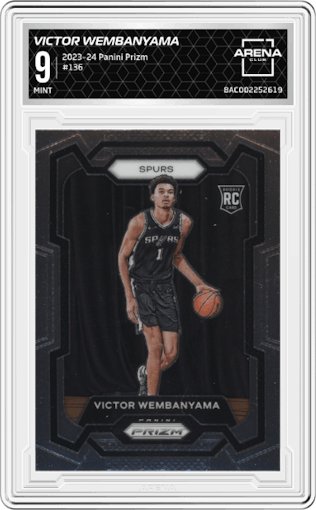 Victor Wembanyama from the 2023-24 Panini Prizm set graded by Arena Club and given an overall grade of 9.