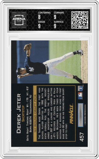 Derek Jeter from the 1993 Pinnacle set graded by Arena Club and given an overall grade of 8.5.