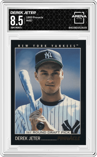 Derek Jeter from the 1993 Pinnacle set graded by Arena Club and given an overall grade of 8.5.