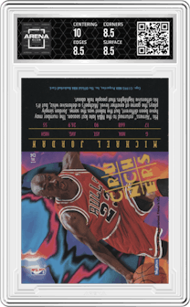Michael Jordan  from the 1995-96 NBA Hoops set graded by Arena Club and given an overall grade of 9.