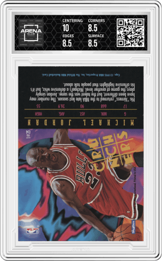 Michael Jordan  from the 1995-96 NBA Hoops set graded by Arena Club and given an overall grade of 9.