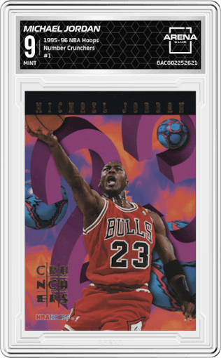 Michael Jordan  from the 1995-96 NBA Hoops set graded by Arena Club and given an overall grade of 9.