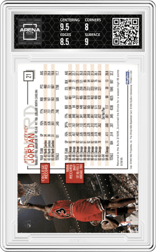 Michael Jordan from the 1995-96 NBA Hoops set graded by Arena Club and given an overall grade of 8.5.