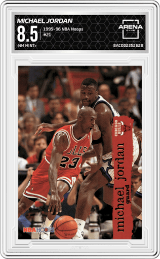 Michael Jordan from the 1995-96 NBA Hoops set graded by Arena Club and given an overall grade of 8.5.