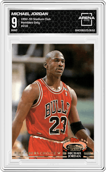 Michael Jordan from the 1992-93 Topps Stadium Club set featuring a Members Only parallel graded by Arena Club and given an overall grade of 9.