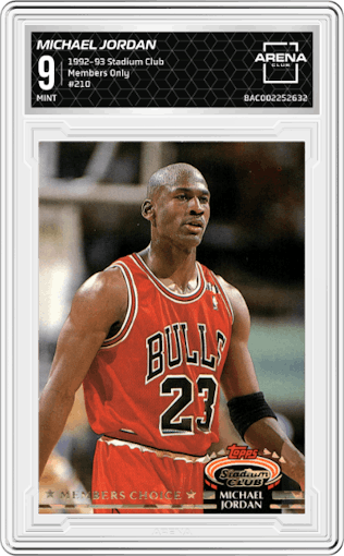 Michael Jordan from the 1992-93 Topps Stadium Club set featuring a Members Only parallel graded by Arena Club and given an overall grade of 9.