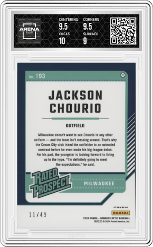 Jackson Chourio from the 2024 Donruss Optic set featuring a Purple parallel graded by Arena Club and given an overall grade of 9.5.