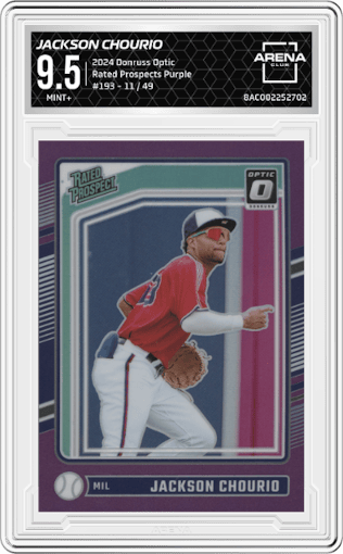 Jackson Chourio from the 2024 Donruss Optic set featuring a Purple parallel graded by Arena Club and given an overall grade of 9.5.