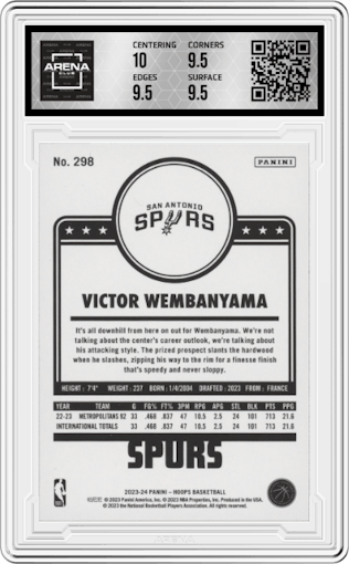 Victor Wembanyama from the 2023-24 Panini NBA Hoops set featuring a Winter parallel graded by Arena Club and given an overall grade of 10.