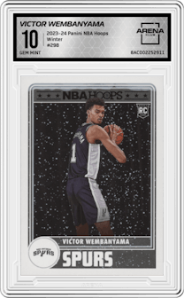 Victor Wembanyama from the 2023-24 Panini NBA Hoops set featuring a Winter parallel graded by Arena Club and given an overall grade of 10.