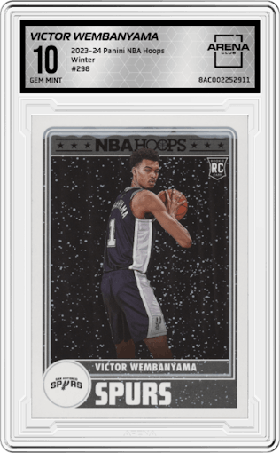 Victor Wembanyama from the 2023-24 Panini NBA Hoops set featuring a Winter parallel graded by Arena Club and given an overall grade of 10.