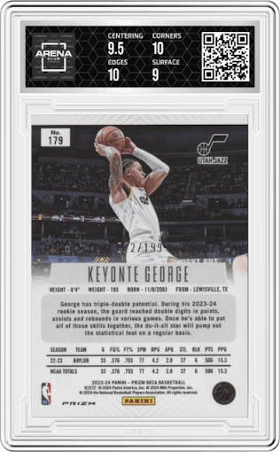Keyonte George from the 2023-24 Panini Prizm Deca set featuring a Red Prizm parallel graded by Arena Club and given an overall grade of 9.5.