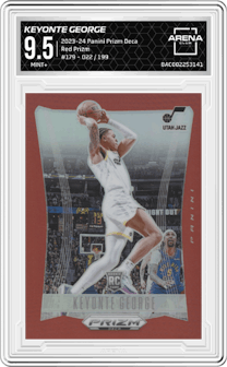 Keyonte George from the 2023-24 Panini Prizm Deca set featuring a Red Prizm parallel graded by Arena Club and given an overall grade of 9.5.