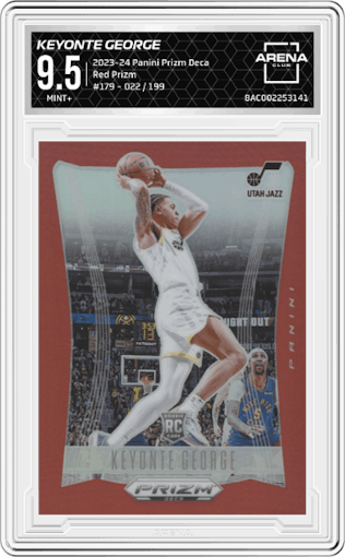 Keyonte George from the 2023-24 Panini Prizm Deca set featuring a Red Prizm parallel graded by Arena Club and given an overall grade of 9.5.
