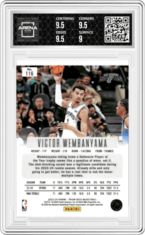 Victor Wembanyama from the 2023-24 Panini Prizm Deca set graded by Arena Club and given an overall grade of 9.5.