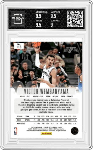 Victor Wembanyama from the 2023-24 Panini Prizm Deca set graded by Arena Club and given an overall grade of 9.5.