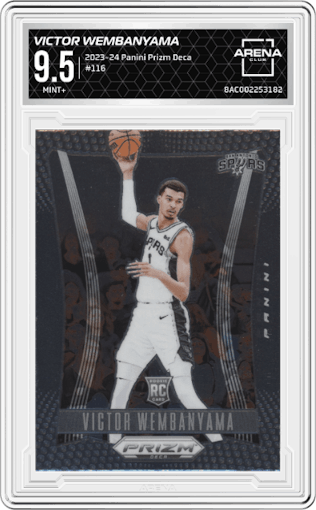 Victor Wembanyama from the 2023-24 Panini Prizm Deca set graded by Arena Club and given an overall grade of 9.5.