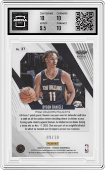 Dyson Daniels from the 2023-24 Panini Phoenix set featuring a Gold parallel graded by Arena Club and given an overall grade of 10.