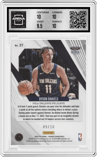 Dyson Daniels from the 2023-24 Panini Phoenix set featuring a Gold parallel graded by Arena Club and given an overall grade of 10.