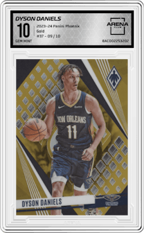Dyson Daniels from the 2023-24 Panini Phoenix set featuring a Gold parallel graded by Arena Club and given an overall grade of 10.