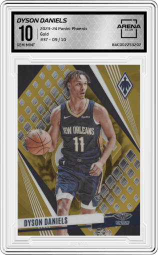 Dyson Daniels from the 2023-24 Panini Phoenix set featuring a Gold parallel graded by Arena Club and given an overall grade of 10.