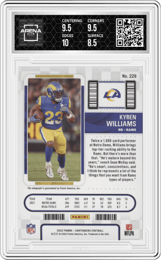 Kyren Williams from the 2022 Panini Contenders set featuring a Showcase parallel graded by Arena Club and given an overall grade of 9.