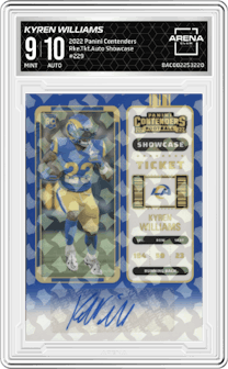 Kyren Williams from the 2022 Panini Contenders set featuring a Showcase parallel graded by Arena Club and given an overall grade of 9.