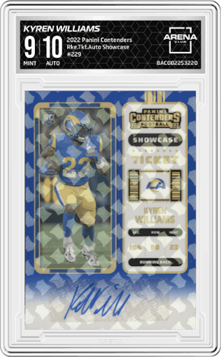 Kyren Williams from the 2022 Panini Contenders set featuring a Showcase parallel graded by Arena Club and given an overall grade of 9.