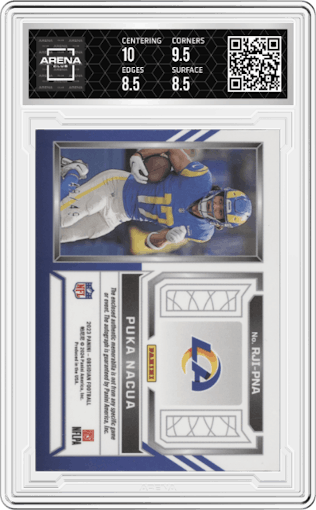 Puka Nacua from the 2023 Panini Obsidian set featuring a Electric Etch Orange parallel graded by Arena Club and given an overall grade of 9.