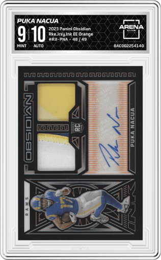 Puka Nacua from the 2023 Panini Obsidian set featuring a Electric Etch Orange parallel graded by Arena Club and given an overall grade of 9.