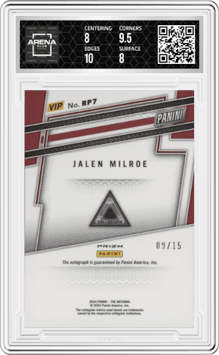 Jalen Milroe from the 2024 Panini The National VIP set featuring a Prizm parallel graded by Arena Club and given an overall grade of 8.5.