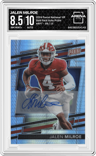 Jalen Milroe from the 2024 Panini The National VIP set featuring a Prizm parallel graded by Arena Club and given an overall grade of 8.5.