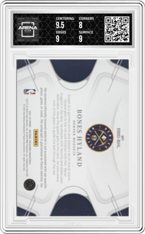 Bones Hyland from the 2021-22 Panini National Treasures set featuring a Prime parallel graded by Arena Club and given an overall grade of 8.5.