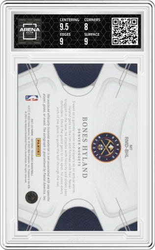 Bones Hyland from the 2021-22 Panini National Treasures set featuring a Prime parallel graded by Arena Club and given an overall grade of 8.5.