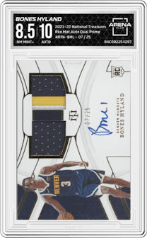 Bones Hyland from the 2021-22 Panini National Treasures set featuring a Prime parallel graded by Arena Club and given an overall grade of 8.5.