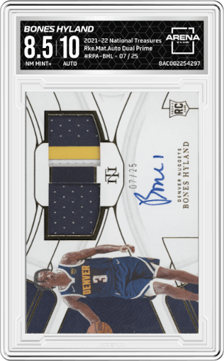 Bones Hyland from the 2021-22 Panini National Treasures set featuring a Prime parallel graded by Arena Club and given an overall grade of 8.5.