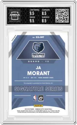 Ja Morant from the 2019-20 Panini Donruss Optic set featuring a Choice parallel graded by Arena Club and given an overall grade of 9.